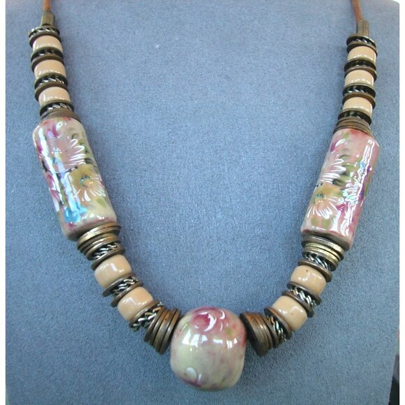 Vintage Handcrafted Floral Beaded Necklace With Ceramic & Metal Accents - Picture 1 of 5